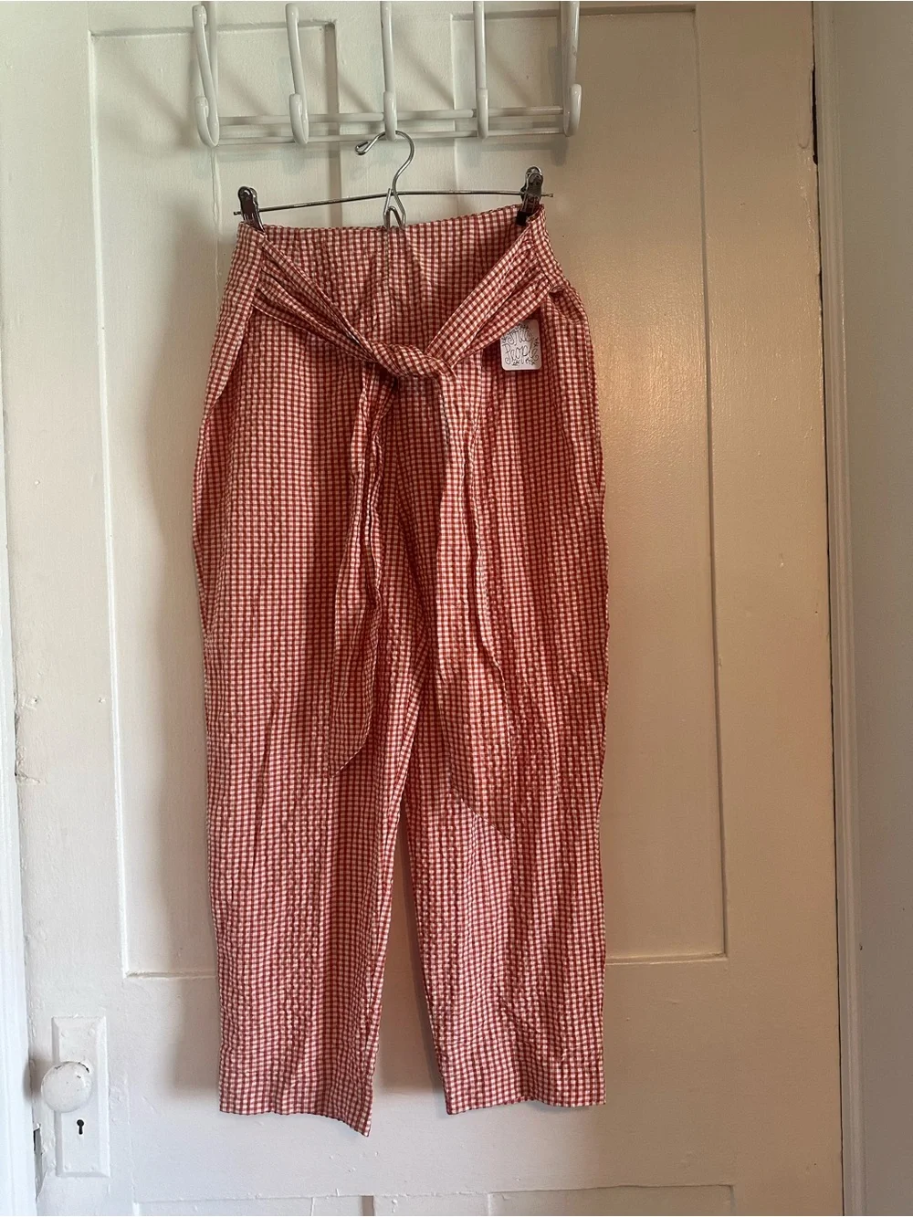 Free People West Side High-Waisted Gingham Tie-Belt Crop Pants